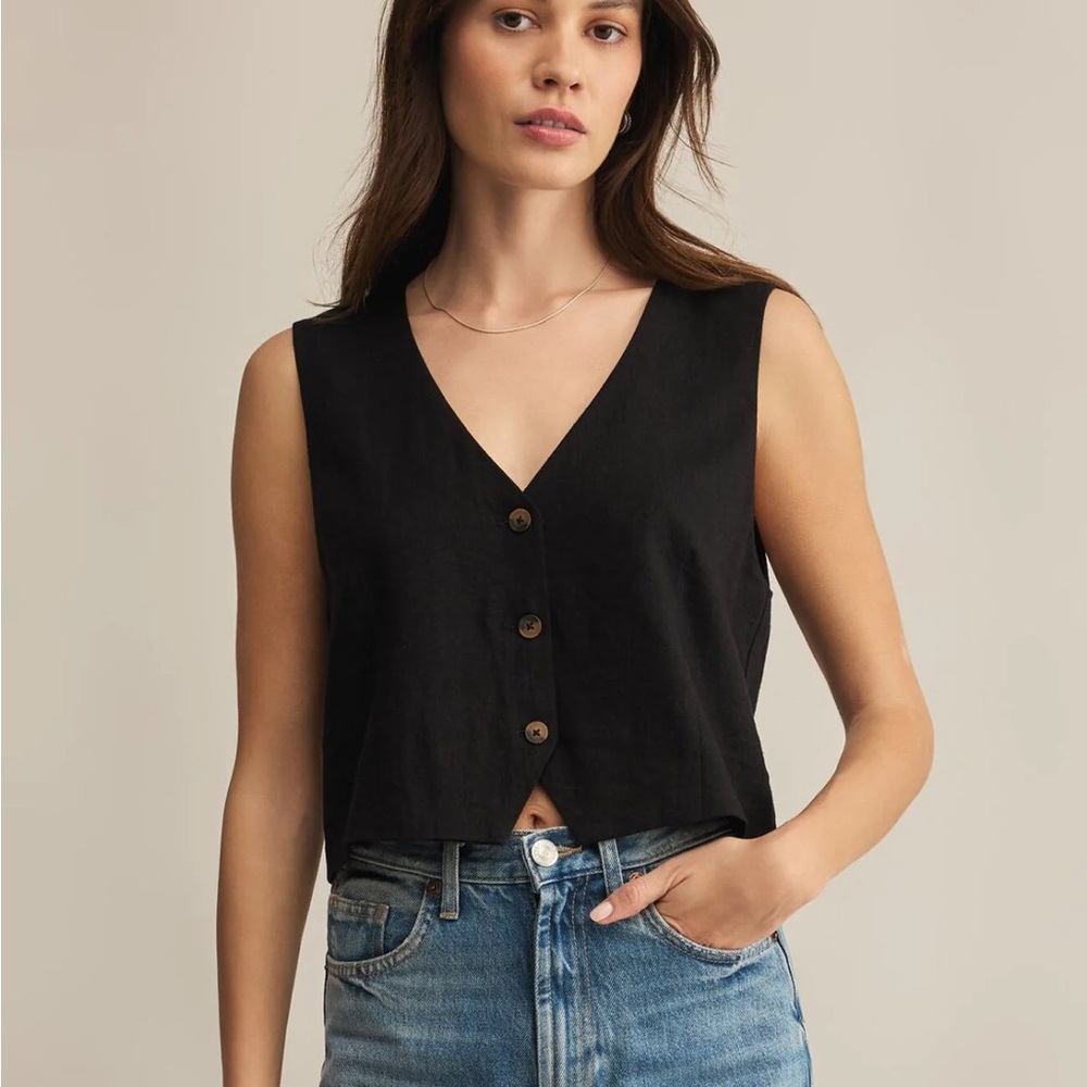 Z Supply Black Button-Front V-Neck Linen Vest